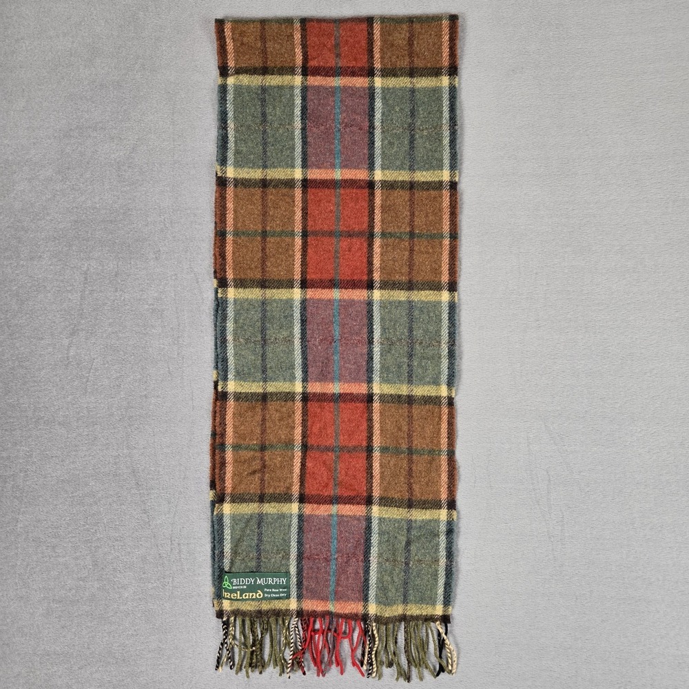 Biddy Murphy Ireland Pure New Wool Scarf Red Blue Plaid Check Autumn 11x58